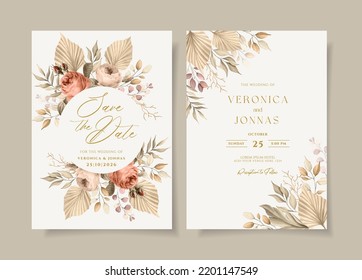 Elegant wedding invitation template set with dried floral and leaves decoration