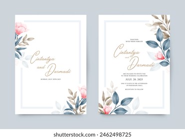 Elegant wedding invitation template set with watercolor floral