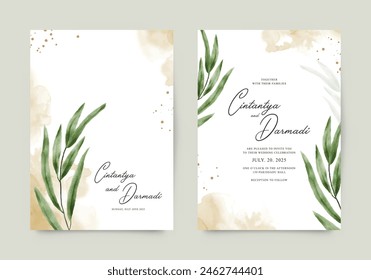 Elegant wedding invitation template set with watercolor leaves and splashes