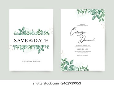 Elegant wedding invitation template set with watercolor green leaves