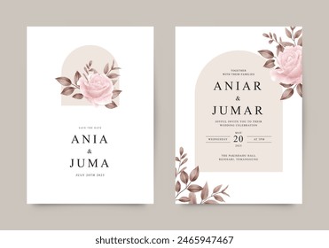 Elegante conjunto de Plantilla de invitación de boda con rosas y hojas de acuarela