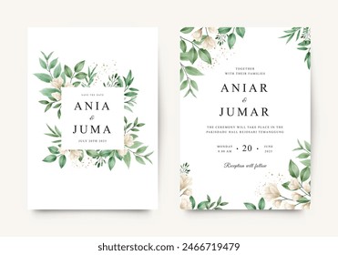 Elegante conjunto de Plantilla de invitación de boda con arreglo floral y hojas verdes