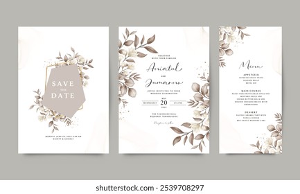 Elegant wedding invitation template set with white flowers and brown leaves arranged