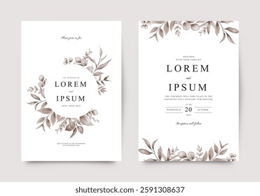 Elegant wedding invitation template set with watercolor brown leaves