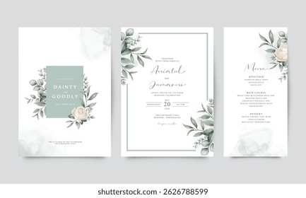 Elegante convite de casamento modelo conjunto de rosas brancas folhas verdes