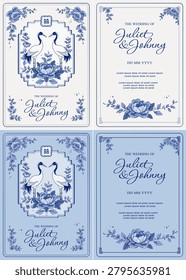 Elegant wedding invitation template set designed in luxury Chinoiserie and vintage blue and white porcelain style. The design features a pair of cranes, peony flowers and the double happiness symbol, captures a classic Asian ceramic aesthetic.