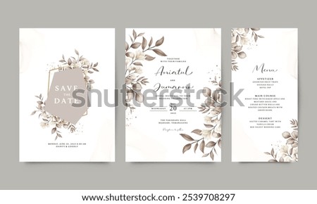 Elegant wedding invitation template set with white flowers and brown leaves arranged
