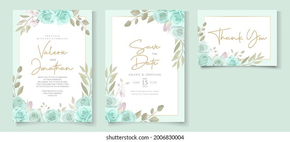 Elegant wedding invitation template with turquoise color floral ornament