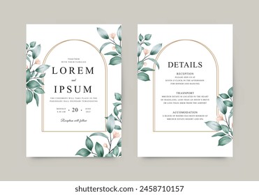 Elegant wedding invitation template with watercolor leaves
