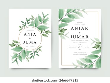 Elegant wedding invitation template with watercolor green leaves