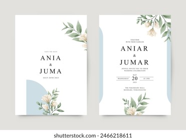 Elegant wedding invitation template with white flowers and green leaves