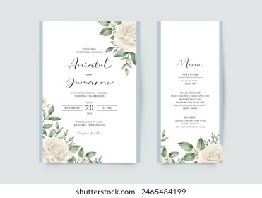 Elegant wedding invitation template with yellow roses and green leaves