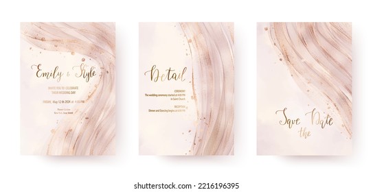 Elegantes plantillas de invitación a bodas con confeti de borde dorado y polvorientas olas de rosas.