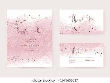 Elegant Wedding Invitation Templates With Pink Watercolor Brush Stroke And Rose Gold Stars Confetti.