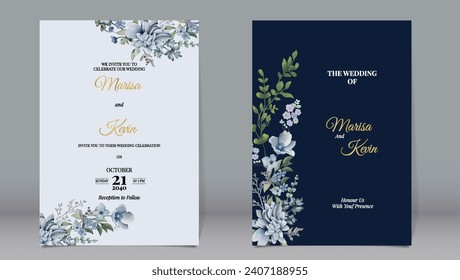 Elegante invitación a la boda con varias hojas de acuarela y fondo azul oscuro