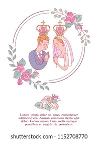 Elegant wedding invitation. Vector illustration, greeting card. The bride and groom with crowns over their heads. Framed by roses.