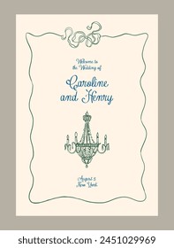 Elegant wedding invitation vector template. Matisse style vintage illustrations.