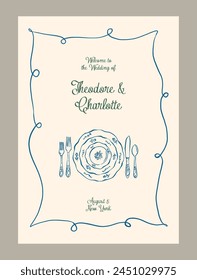 Elegante Plantilla de Vector de invitación de boda. Ilustraciones vintage estilo Matisse.