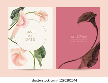 Elegant wedding invitation in vintage style. Pink lilies with green leaves on a light background. Vector illustration for design template of invitations, restaurant menu or spa.