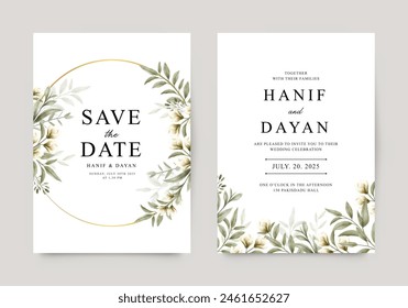 Elegant wedding invitation with watercolor floral and gold circle