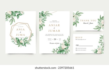 Elegant wedding invitation with watercolor flowers and leaves