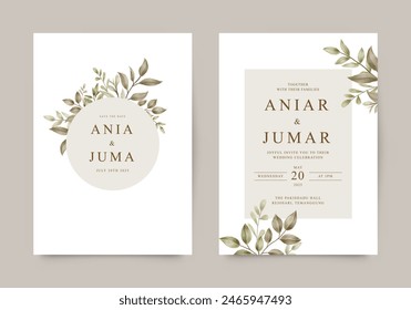 Elegant wedding invitation with watercolor leaf decoration