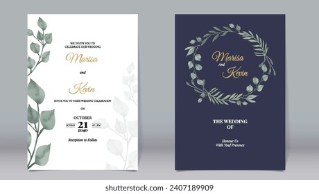 Elegant wedding invitation with watercolor style eucalyptus leaves and blue background