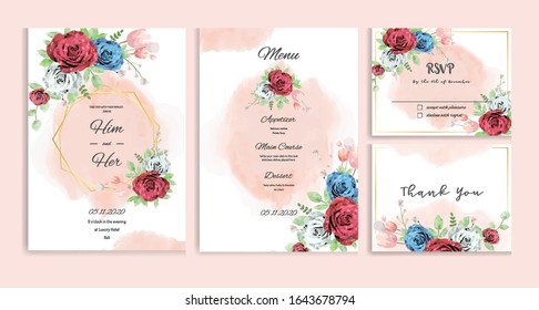 Elegant wedding invitation with watercolour of red, blue, and white roses flower, soft pink ink, and green leaves design. Template set vector image.