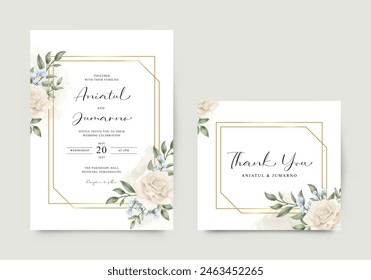 Elegant wedding invitation with yellow roses and gold geometry