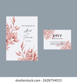 Elegant wedding invitations beautiful card with white background and template set with floral watercolor