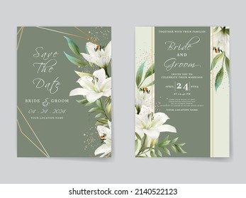 Elegant wedding invitations card with white lily watercolor design