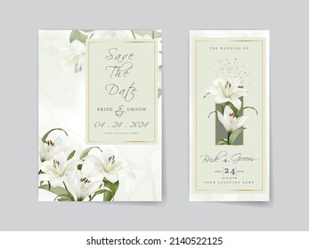 Elegant wedding invitations card with white lily watercolor design