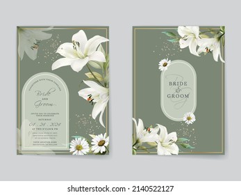 Elegante tarjeta de invitaciones de boda con diseño de color lirio blanco