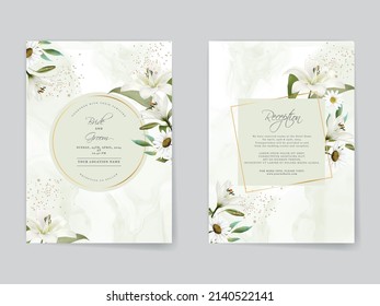 Elegant wedding invitations card with white lily watercolor design