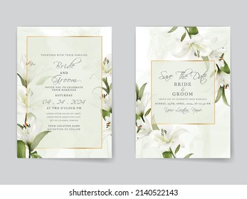 Elegant wedding invitations card with white lily watercolor design