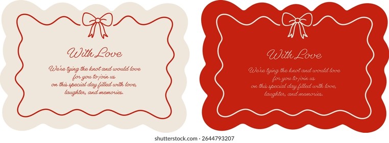 Elegant wedding invitations with scalloped edges and ribbon bow detail. Includes two color options: cream and red. Romantic design with hand drawn border. Vector EPS 10