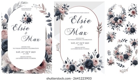 Elegant wedding invitations and a set of floral elements, all featuring a sophisticated palette of deep blues, blush pinks, and earthy greens. The designs incorporate detailed watercolor flowers