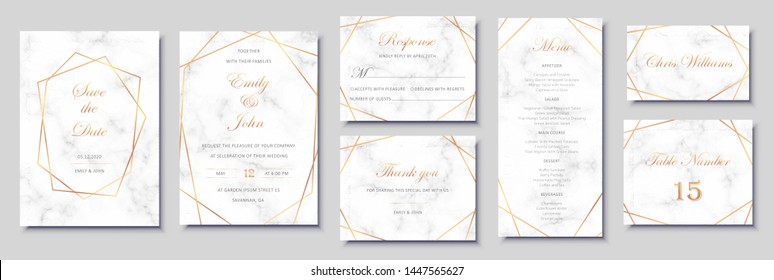 Elegant wedding invitations set with golden geometric frames and gray marble texture. Luxury invitation collection with save the date, rsvp, menu, table number and name card vector templates.