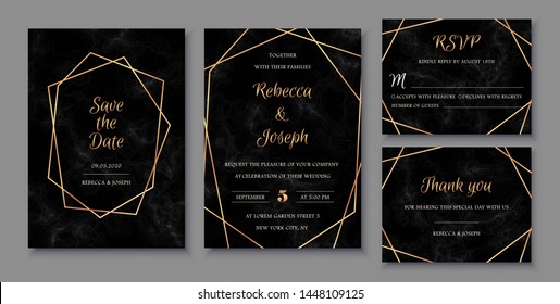 Elegant wedding invitations set with golden geometric frames and and black marble texture. Luxury invitation collection with save the date and rsvp card vector templates.