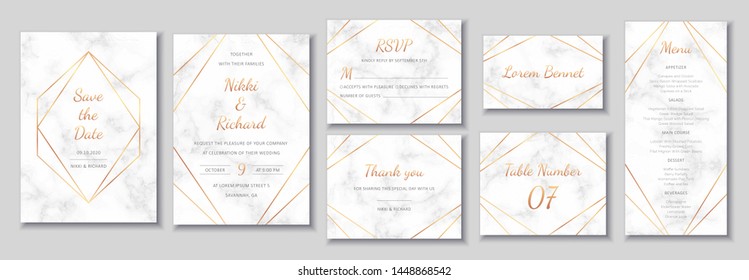 Elegant wedding invitations set with golden geometric frames and gray marble texture. Luxury invitation collection with save the date, rsvp, menu, table number and name card vector templates.