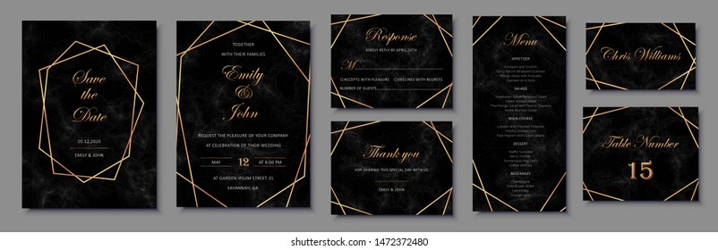 Elegant wedding invitations set with golden geometric frames and and black marble texture. Luxury invitation collection with save the date, rsvp, menu, table number and name card vector templates.