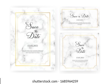 Elegant wedding invitations set with golden geometric frames and gray marble texture. Luxury invitation collection with save the date, rsvp, menu, table number and name card vector templates.