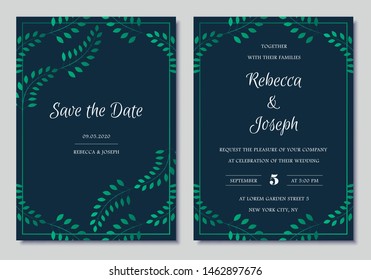 Elegant wedding invitations set with green floral motives and navy blue background. Modern invitation collection with save the date card vector templates.