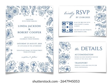 Elegant wedding invitations set with RSVP and details card in blue Toile de Jouy floral style. Collection of postcards for marriage celebration with hand drawn engraved flowers. Vector illustration.