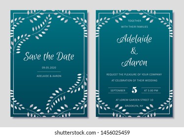 Elegant wedding invitations set with silver floral motives and marine blue background. Modern invitation collection with save the date card vector templates.