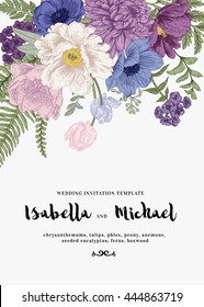 Elegant wedding invitations with summer flowers in vintage style. Chrysanthemums, tulips, phlox, peony, anemone, ferns.  Vector illustration.
