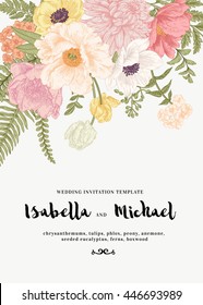 Elegant wedding invitations with summer flowers in vintage style. Chrysanthemums, tulips, phlox, peony, anemone, ferns. Pastel colors. Vector illustration.