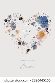 Elegant wedding invite. Floral heart shape wreath. Watercolor vector illustration. Dusty blue, pink anemone flowers, white hydrangea petals, berries, gold glitter stroke bouquet. Designer party poster