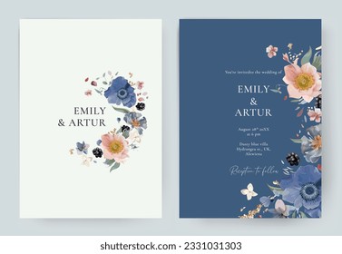 Elegant wedding invite save the date card set. Pastel watercolor style flowers. Editable floral vector illustration. Blue, pink anemone, white petals, blackberry, golden glitter bouquet wreath, border