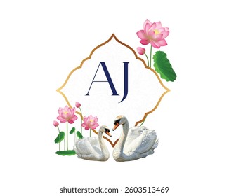 Elegant wedding logo featuring AJ initials, swans forming a heart shape, pink lotus flowers, and gold frame.